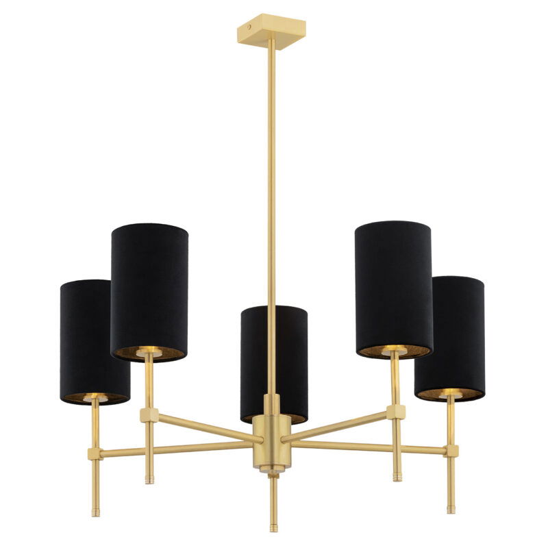 Aruzzo 5-light chandelier with brushed brass frame and five black fabric cylinder shades.