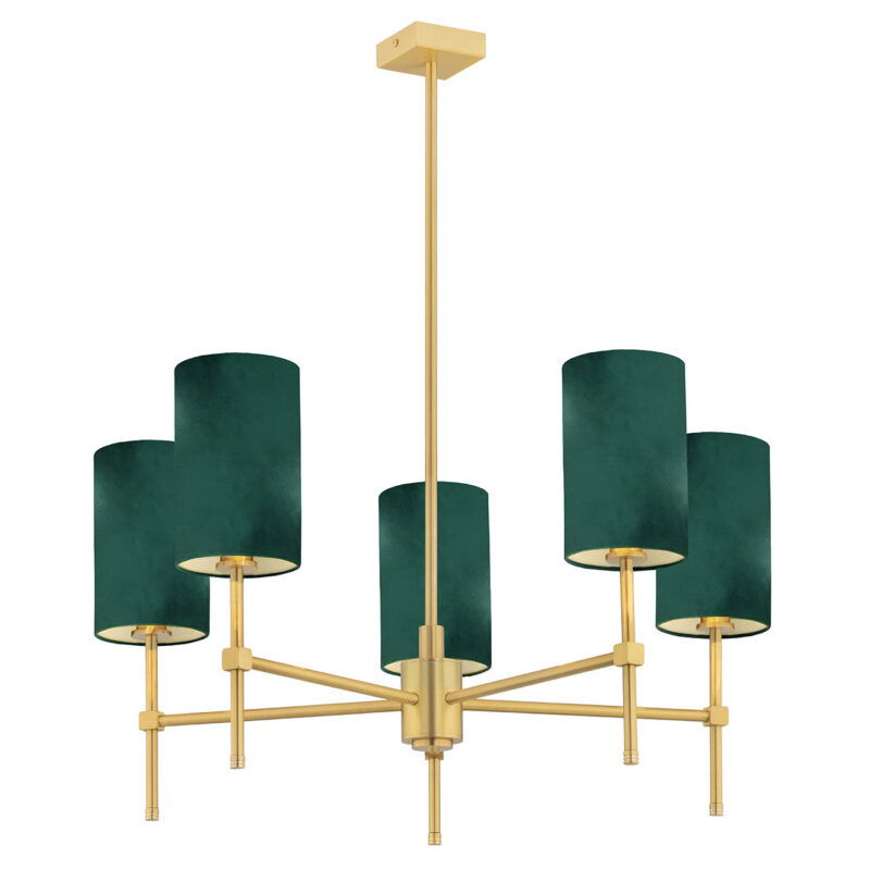 Green velvet Aruzzo chandelier with five cylindrical shades and brushed brass frame.