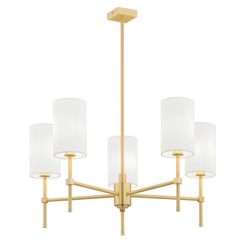 Aruzzo 5-light chandelier with brushed brass frame and five white fabric cylinder shades.