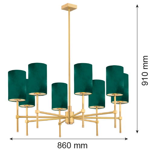 Green Aruzzo chandelier dimensions diagram showing 860mm width and 910mm height measurements.