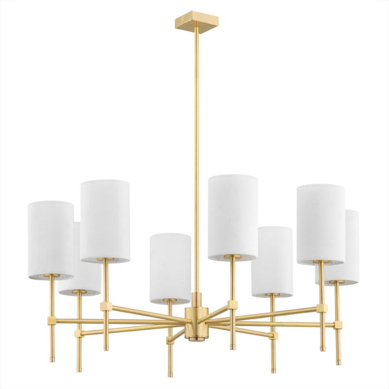 Aruzzo 8-light chandelier side view showing white fabric shades on brushed brass multi-arm frame.