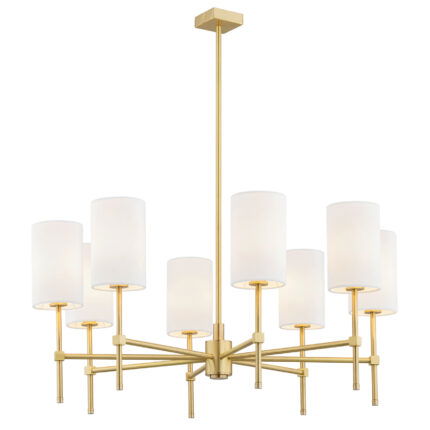 Aruzzo 8-light chandelier with brushed brass frame and eight white fabric cylinder shades.