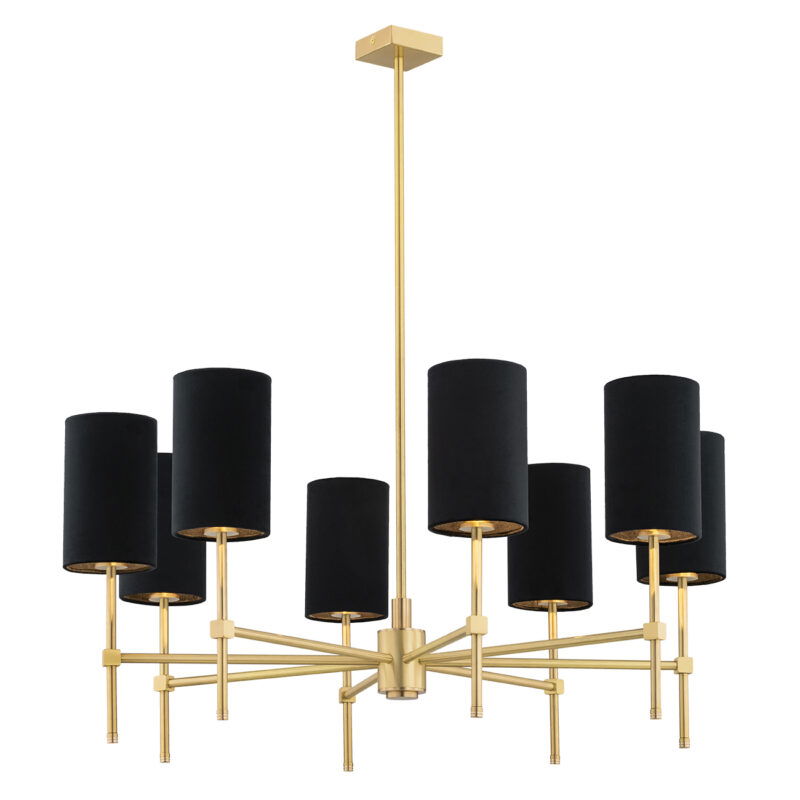 Brushed brass Aruzzo 8-light chandelier with black cylindrical shades in geometric arrangement.