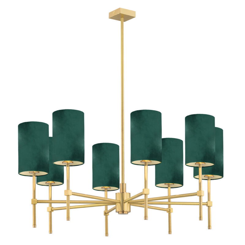 Green velvet Aruzzo chandelier with eight cylindrical shades and brushed brass frame.