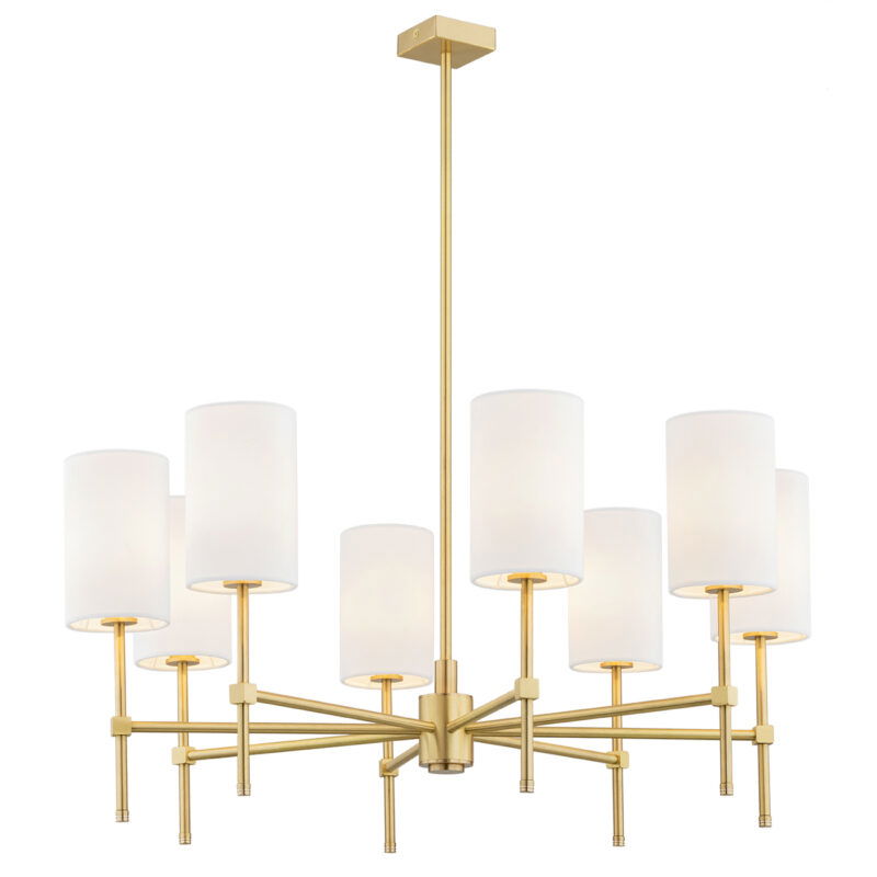 Aruzzo 8-light chandelier with brushed brass frame and eight white fabric cylinder shades.