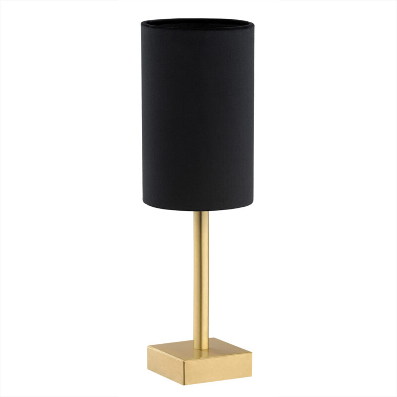 Aruzzo table lamp side view showing brushed brass square base and black fabric shade.