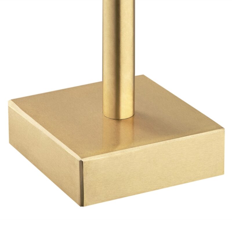 Close-up of white Aruzzo table lamp brushed brass square base and vertical stem connection.