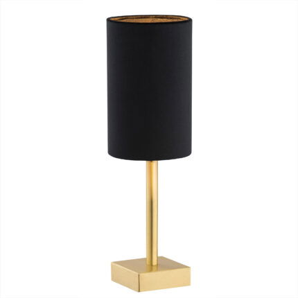 Aruzzo table lamp with brushed brass base and stem and black fabric cylinder shade.