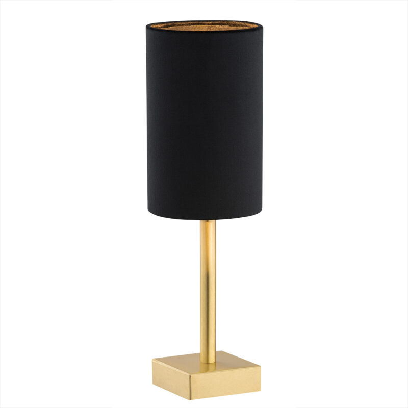 Aruzzo table lamp with brushed brass base and stem and black fabric cylinder shade.