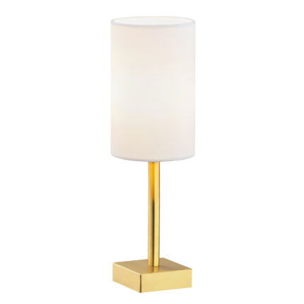 White cylinder fabric shade table lamp with vertical brushed brass stem and square brass base.