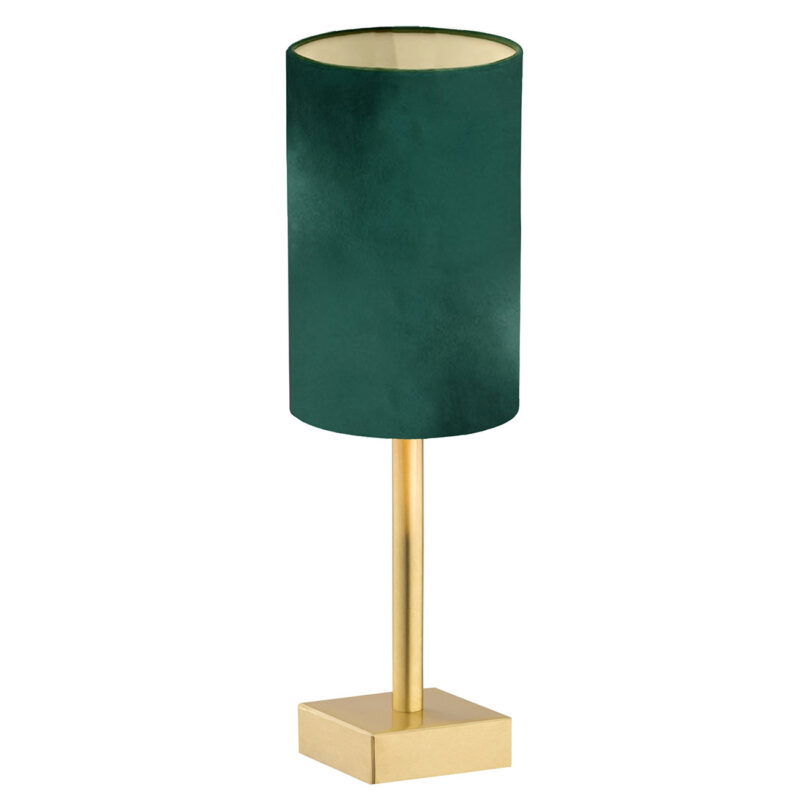 Green velvet cylindrical shade Aruzzo table lamp with brushed brass base and stem.