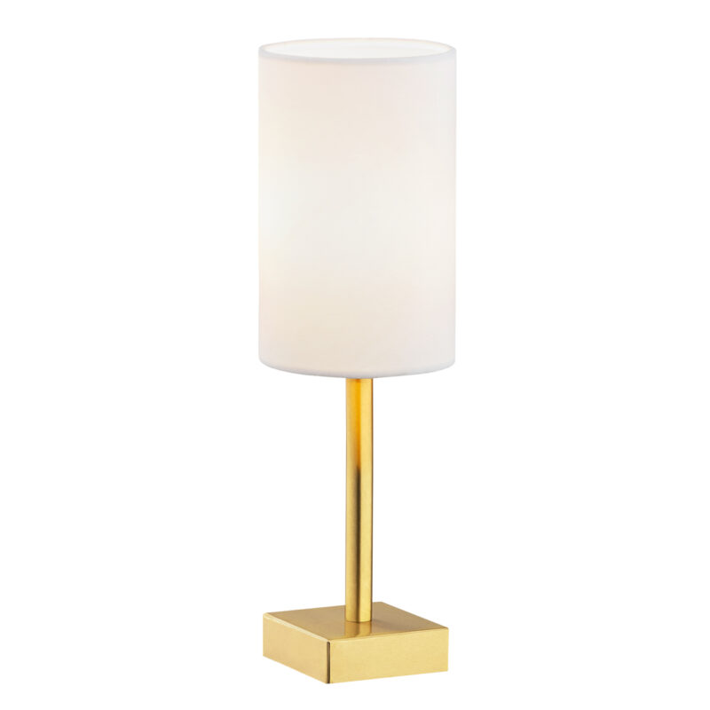 White cylinder fabric shade table lamp with vertical brushed brass stem and square brass base.