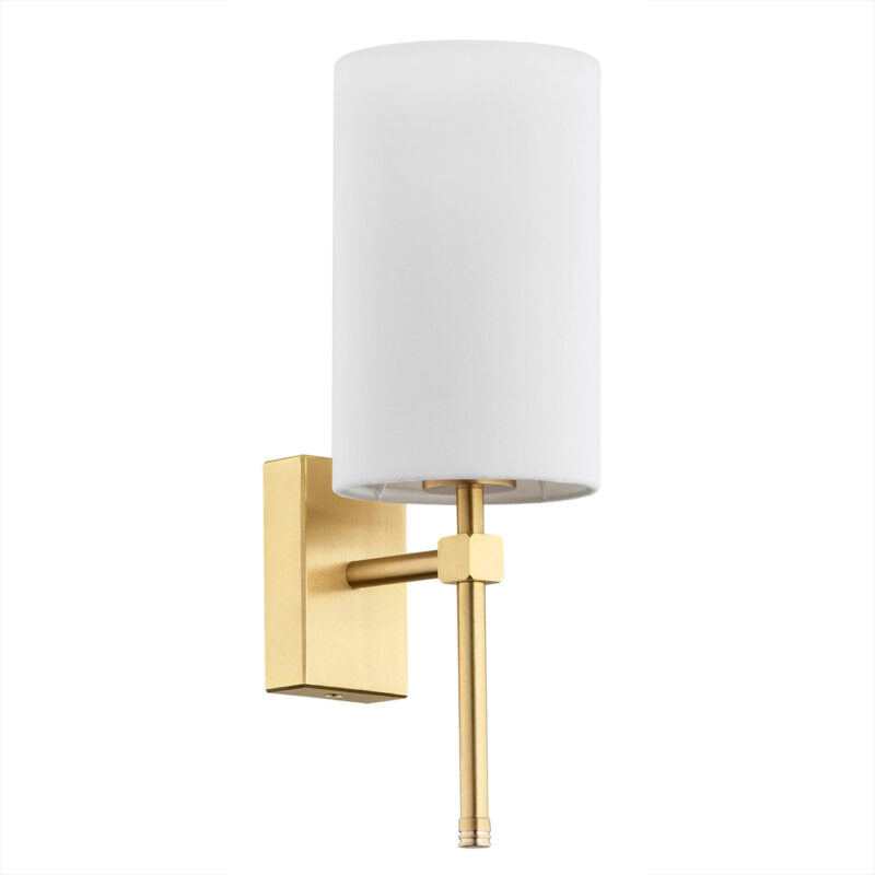 Aruzzo wall light underside view showing white fabric shade with brass support arm and electrical connections.