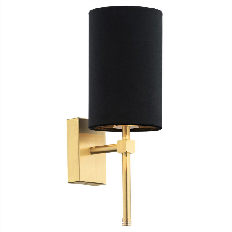 Aruzzo wall light with brushed brass square wall plate and horizontal arm with black fabric shade.