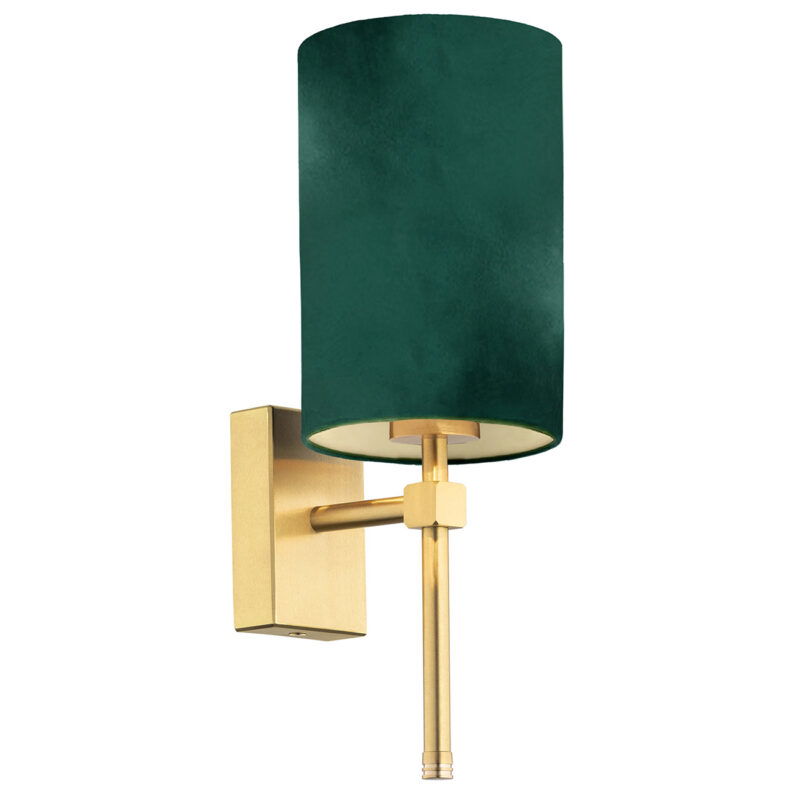 Green velvet Aruzzo wall lamp with brushed brass arm and square wall plate.