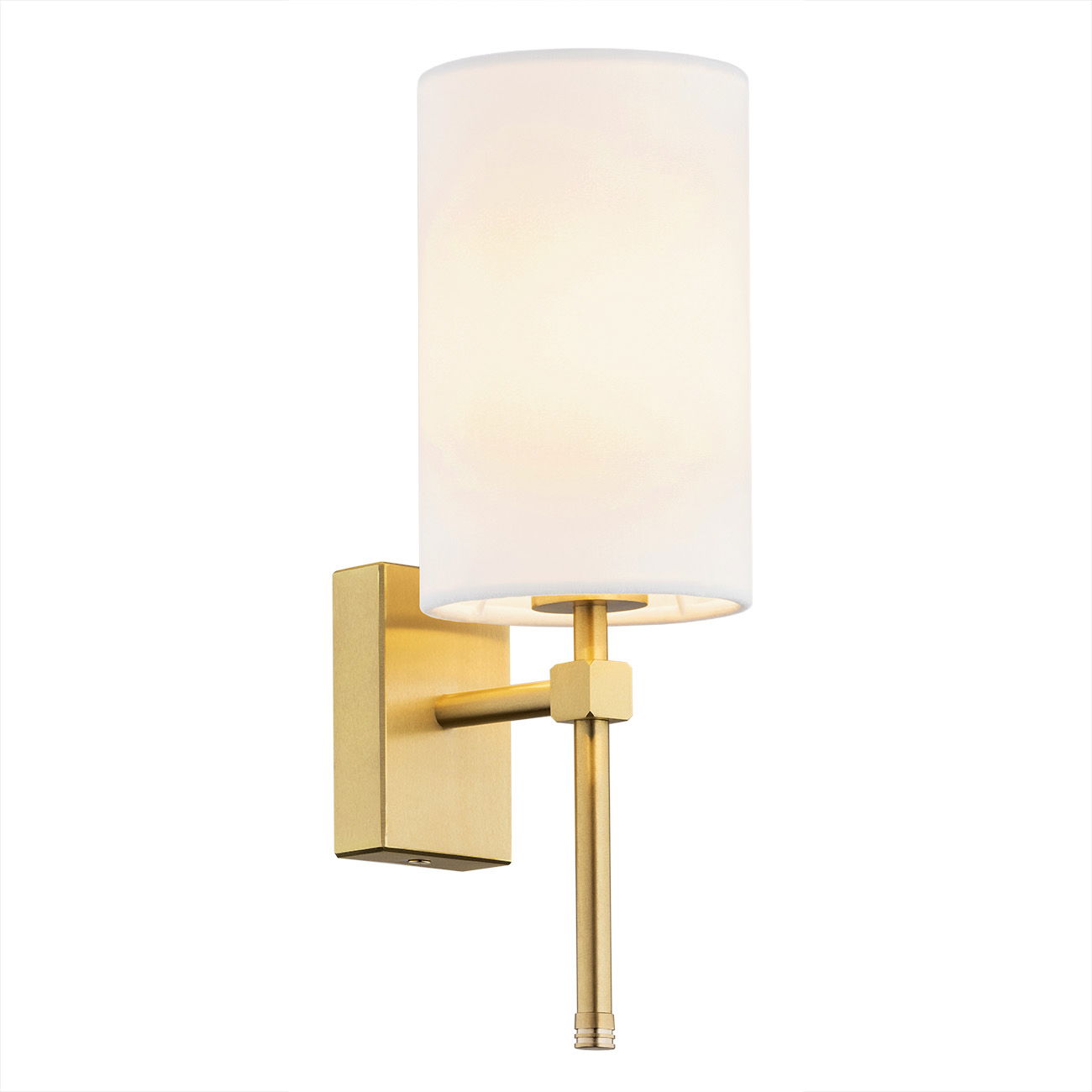 AL1G1T8J7 - Main Image - Aruzzo Wall Light, Brushed Brass, White Aruzzo wall light with brushed brass arm extending from square wall plate supporting white fabric shade.