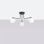 Aztrale 3 Lamp Ceiling Light, Semi Flush, Black Metal. White Glass Globes, 62cm Width