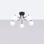 Aztrale 5 Light Ceiling Lamp, Semi Flush, Black Metal. White Glass Globes, 64cm