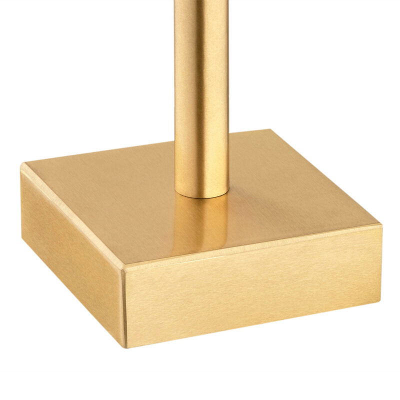 Brushed brass square base detail of black Abano table lamp with central stem mounting.
