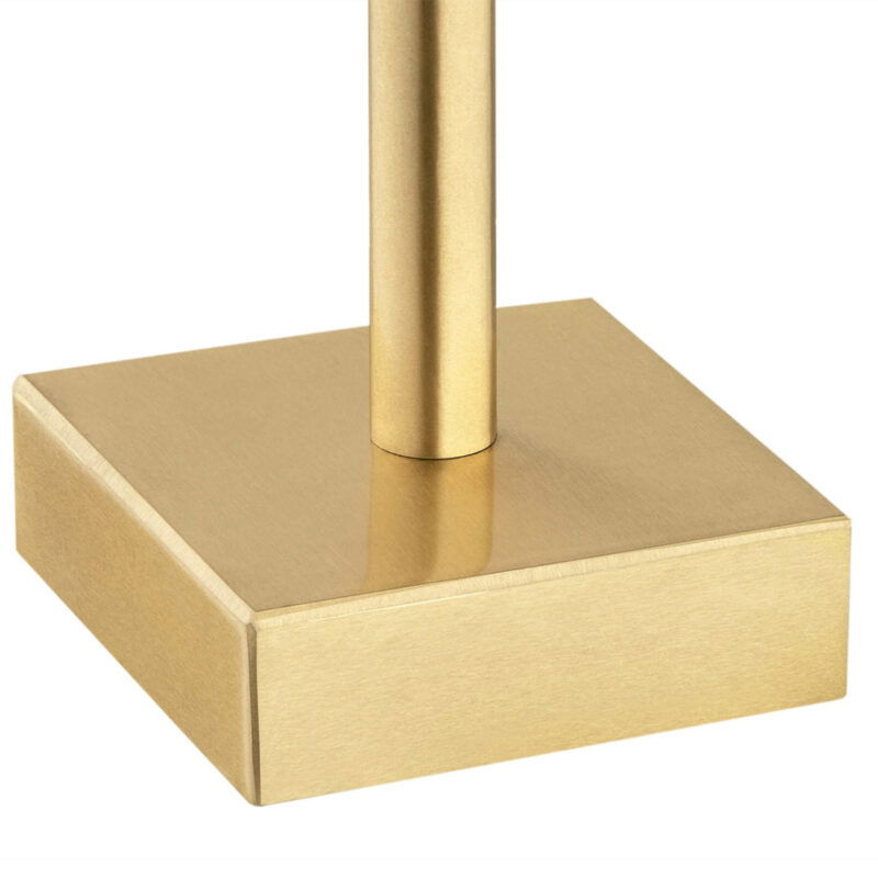 Close-up of white Abano table lamp showing brushed brass square base and vertical pole.