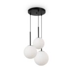 Basic Form 3 Lamp Tiered Pendant Lamp, Black Metal, Opal Glass, 40cm Wide