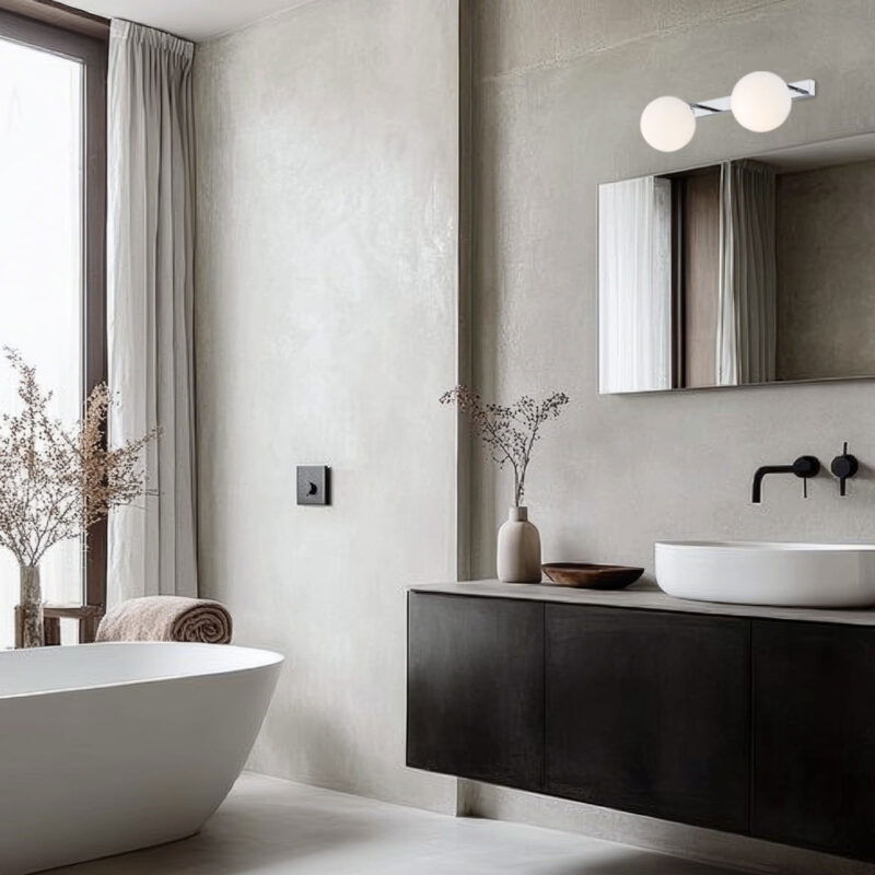 elite ip44 double wall light, opal glass, chrome, 50cm width