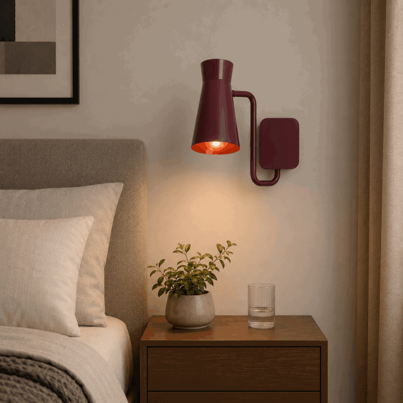 nard swivel arm wall lamp, barolo burgundy steel, 1 lamp, adjustable spotlight shade