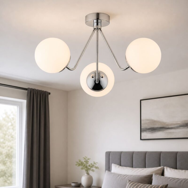 tom chrome semi flush ceiling light, 3 light, metal, opal glass, 51cm wide in a bedroom.