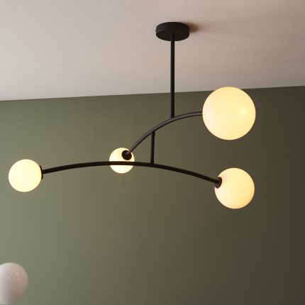 Zoomed in full view of Mallo Ceiling Light, semi-flush with black and opal shades, installed on a white ceiling.