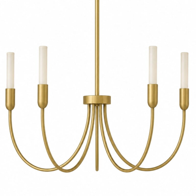 argust 5 arm brushed brass chandelier, steel, white glass shades, 48cm diameter