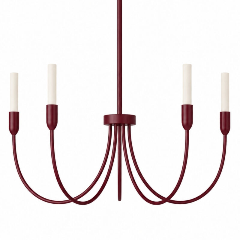 Bottom half view argust 5 arm burgundy chandelier, steel, white glass shades, 48cm diameter.