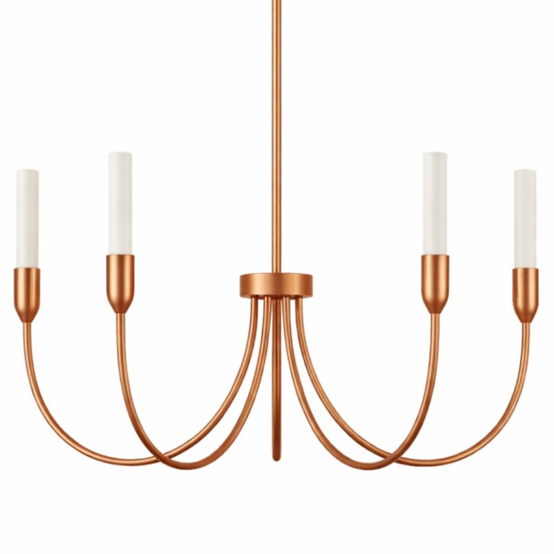 Bottom half view of the argust 5 arm chandelier, copper steel, white glass shades, 48cm diameter.