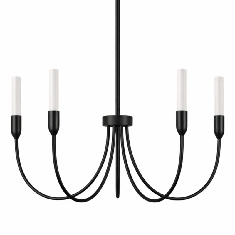 Bottom half view of the argust 5 light black chandelier, steel, white glass shades, 48cm diameter.