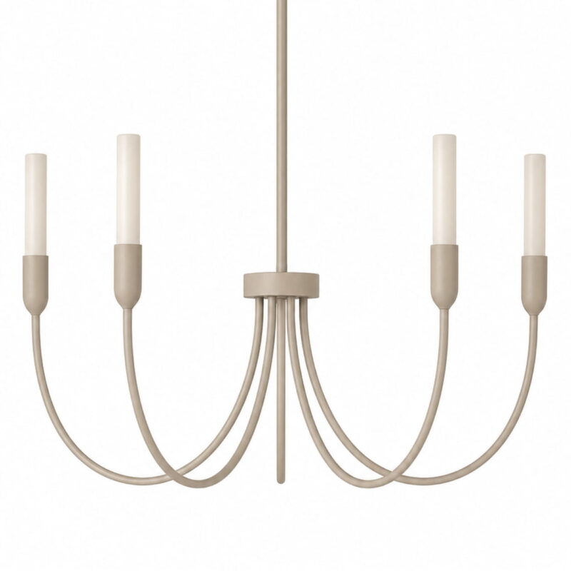 argust 5 light taupe chandelier, steel, white glass shades, 48cm diameter