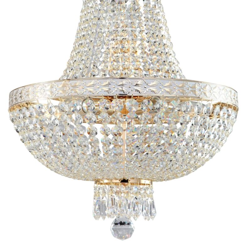 bella 6 light gold chandelier, clear crystal glass, 40cm wide