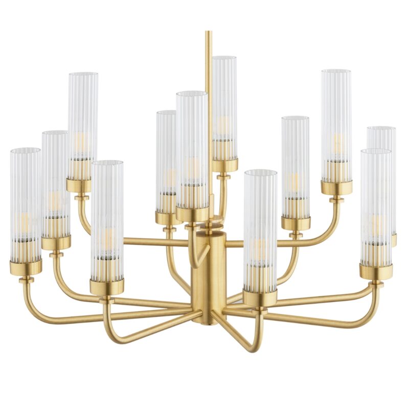 brezton 12 lamp armed chandelier, brushed brass, two tiers, ribbed glass, 65cm wide