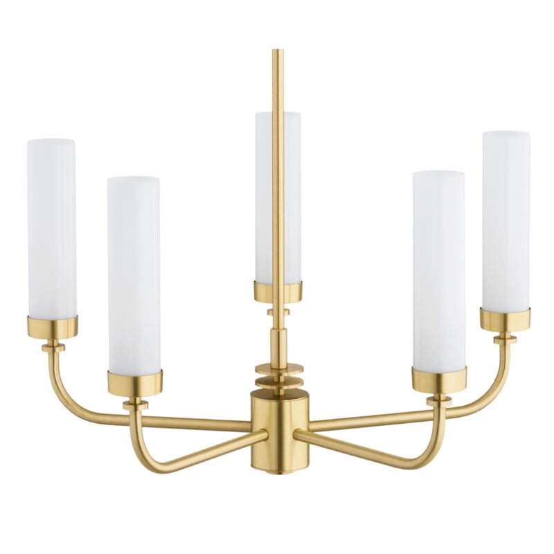 brezton 5 light chandelier, brushed brass, milk glass, 50cm wide