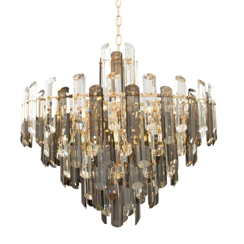 flare 8 light chandelier, gold metal, smoked and clear crystal glass, 60.8cm wide