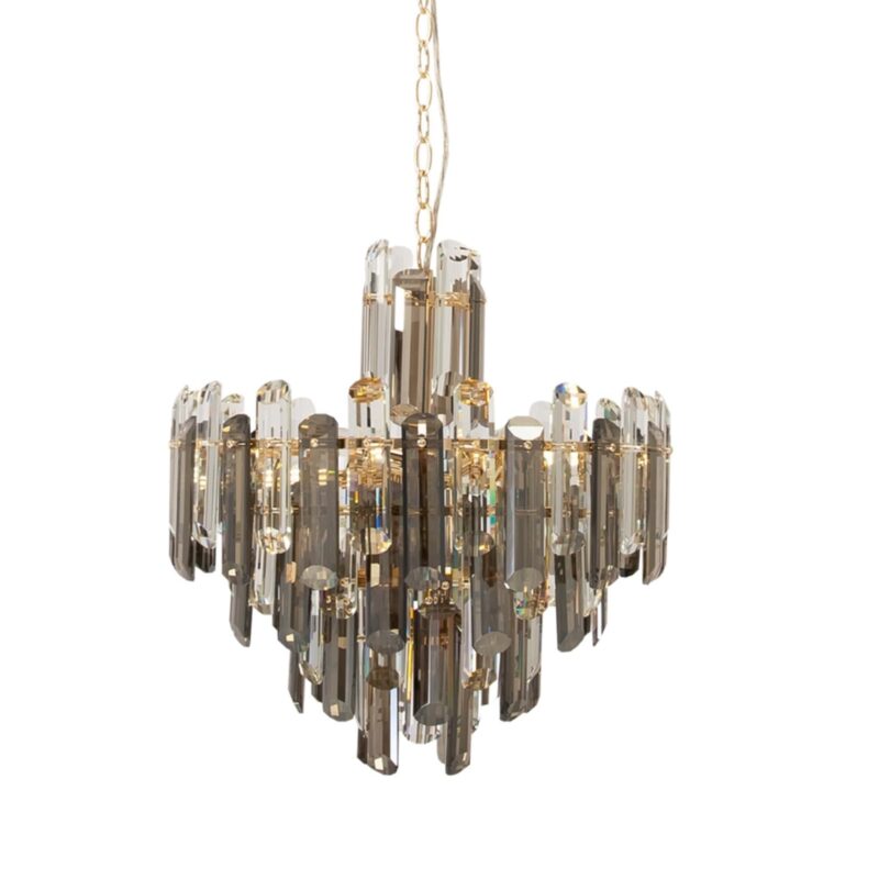 flare chandelier, 6 lamp, gold metal, clear and smoked crystal glass, 48.8cm wide