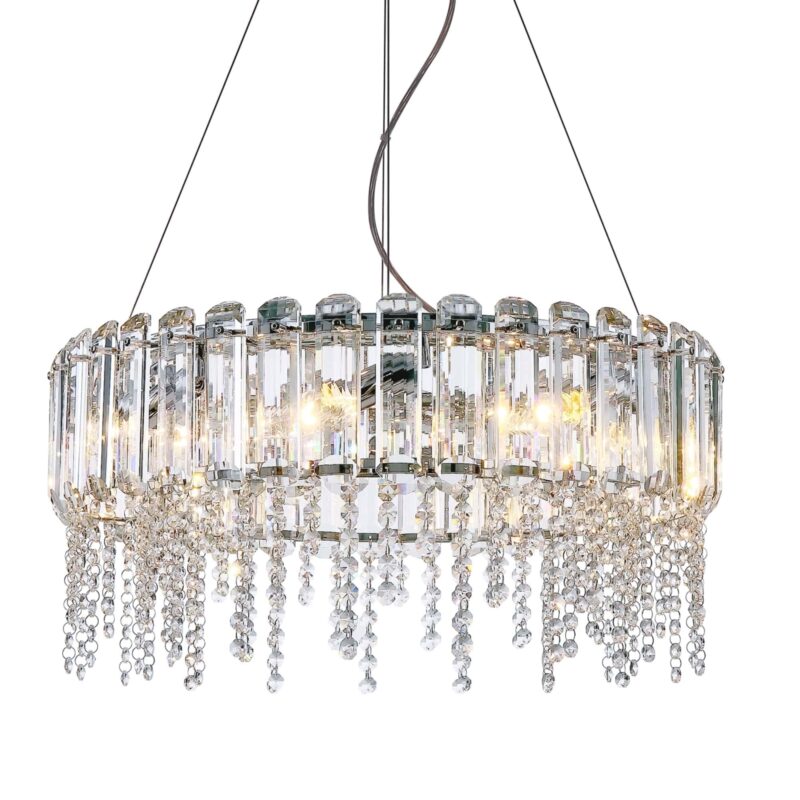 hail chrome pendant light, 8 lamp, crystal glass, metal, 60.5cm wide