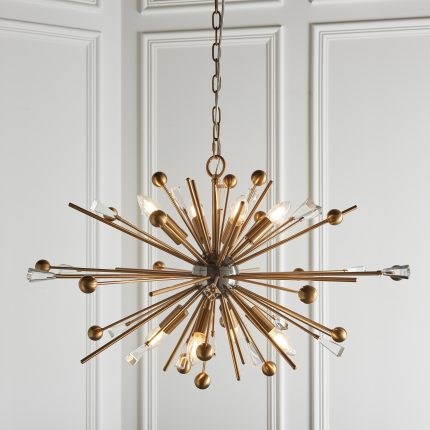 View of the bottom half of the Lamlu Large Brass Chandelier, 80cm in diameter with 8 lights, hanging in a room.