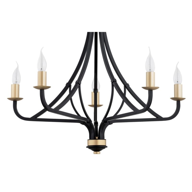 loren 5 light candle chandelier, black & gold painted steel, 70cm wide