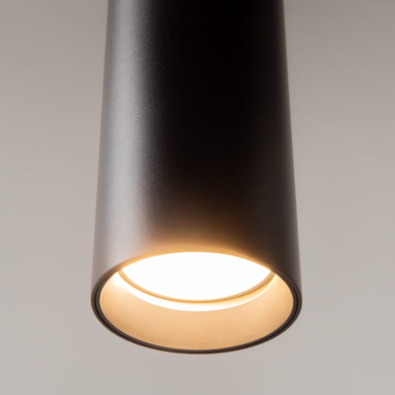 Bottom upward view of the pro focus black cylinder pendant light, 1 lamp, gu10, 6cm diameter.