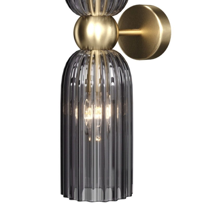 antic up & down grey glass wall lamp, wide ribbed cylinder, 2 light, gold, 43.5 height