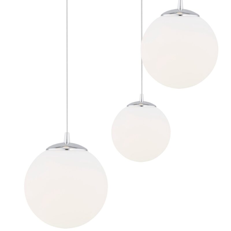 tica tiered multi drop pendant lamp, 6 lights, polished chrome, opal glass, 55.5cm width
