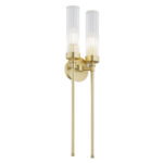 Brezton 2 Lamp Long Wall Light, Brushed Brass, Clear Ribbed Glass, 14cm Wide