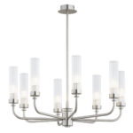 Brezton 8 Light Chandelier, Brushed Nickel, Ribbed Glass, Galvanised Steel, 65cm Wide