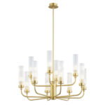 Brezton 12 Lamp Armed Chandelier, Brushed Brass, Two Tiers, Ribbed Glass, 65cm Wide