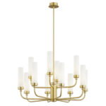 Brezton 12 Light Armed Chandelier, Brushed Brass, Two Tiers, Milk Glass, 65cm Wide