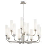 Brezton 12 Light Armed Chandelier, Brushed Nickel, Two Tiers, Milk Glass, 65cm Wide